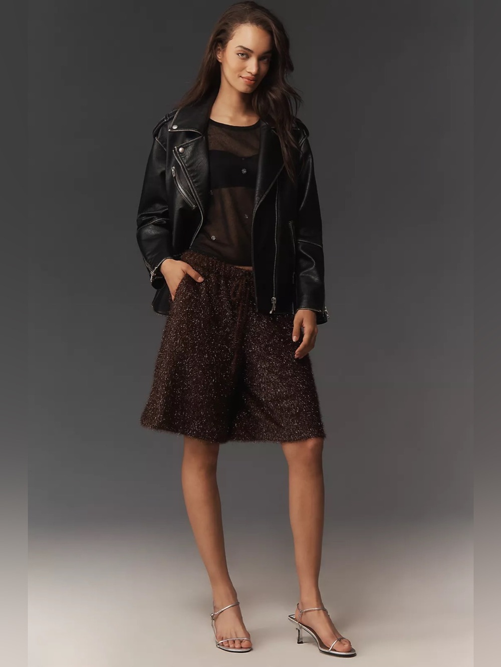 Anthropologie Maeve Brown Metallic Fuzzy Tinsel High-Ride Long Shorts Small NWT